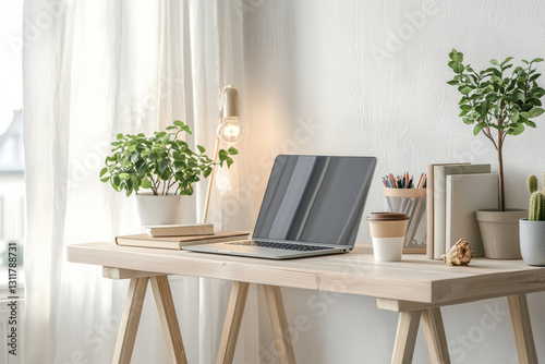 modern workspace featuring laptop, books, and potted plants on wooden table, creating serene and productive atmosphere