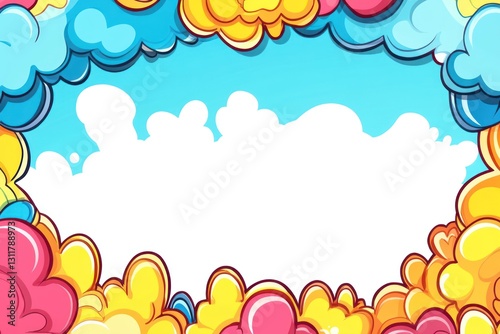Cartoon sky framing a white space. Clouds, whimsical border, vibrant color scheme. Bright, sunny, cheerful