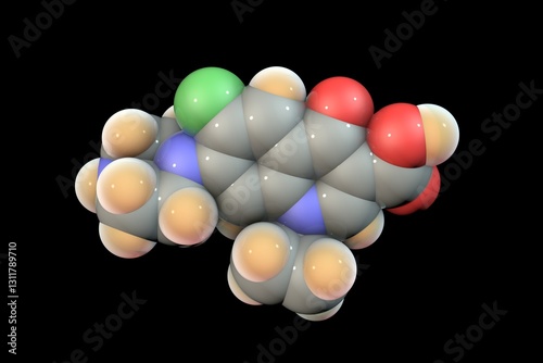 Molecular structure of ciprofloxacin antibiotic, 3D illustration