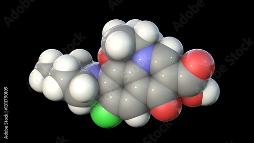 Molecular structure of levofloxacin, a fluoroquinolone antibiotic, 3D illustration