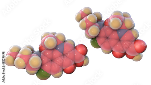 Molecular structure of levofloxacin, a fluoroquinolone antibiotic, 3D illustration