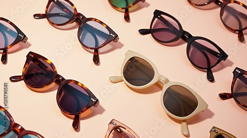 a flat-lay image of multiple tortoise sunglasses each with different colored tinted lenses. 