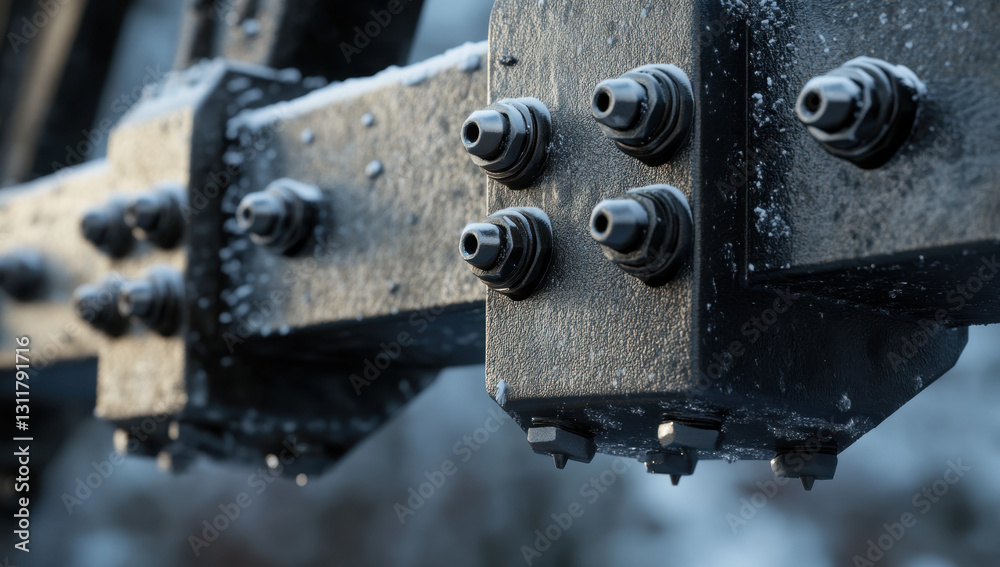 Detailed view of a steel crossbar featuring well-secured bolts, highlighting industrial engineering in a frosty atmosphere Detailed view of a steel crossbar featuring well-secured bolts, highlighting industrial engineering in a frosty atmosphere