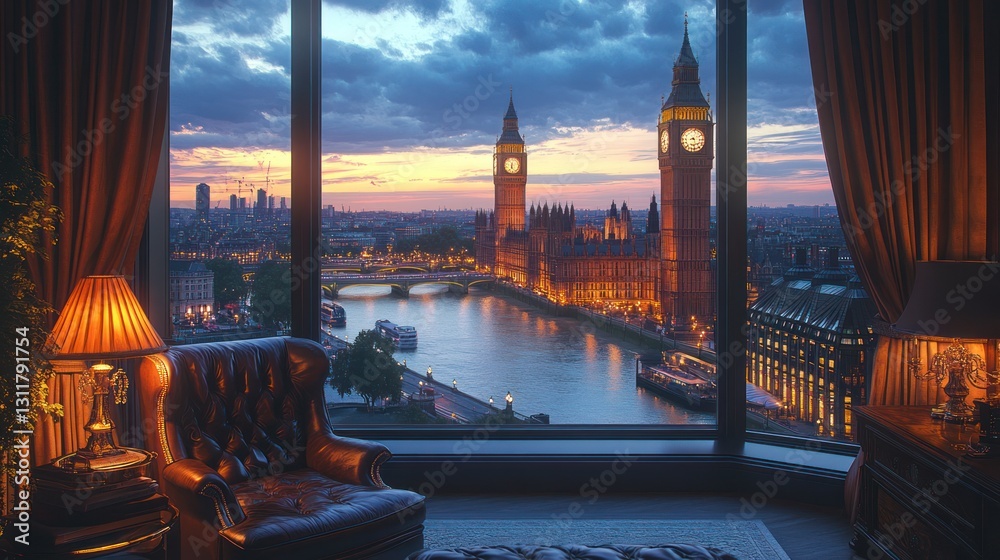 Fototapeta premium Elegant London loft with a high-backed leather chair, oversized windows showing Big Ben and the Thames River at dusk