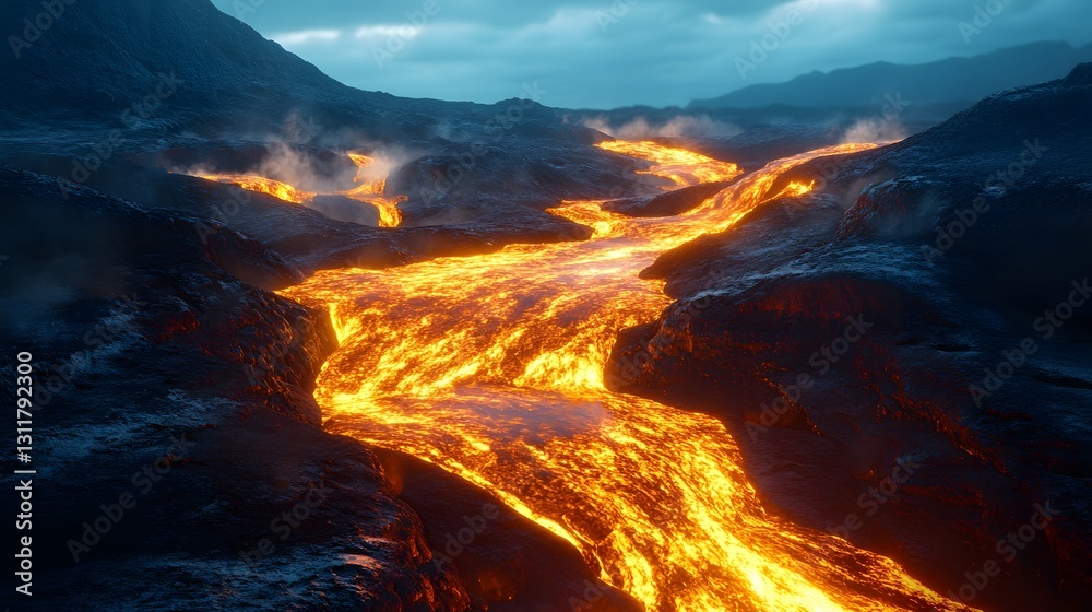Fototapeta premium Molten Lava Flowing Through Rocky Landscape Under Dramatic Sky