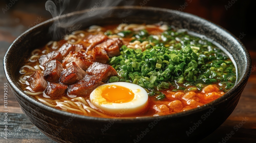 A bowl of ramen with steaming broth, soft-boiled egg, and chashu pork A bowl of ramen with steaming broth, soft-boiled egg, and chashu pork