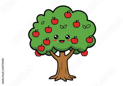 Cute apple tree clipart. A smiling tree with red apples and green leaves. Vector illustration design.