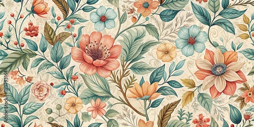 Vintage Summertime Organic Line Art Pattern - Retro Floral Illustration Background