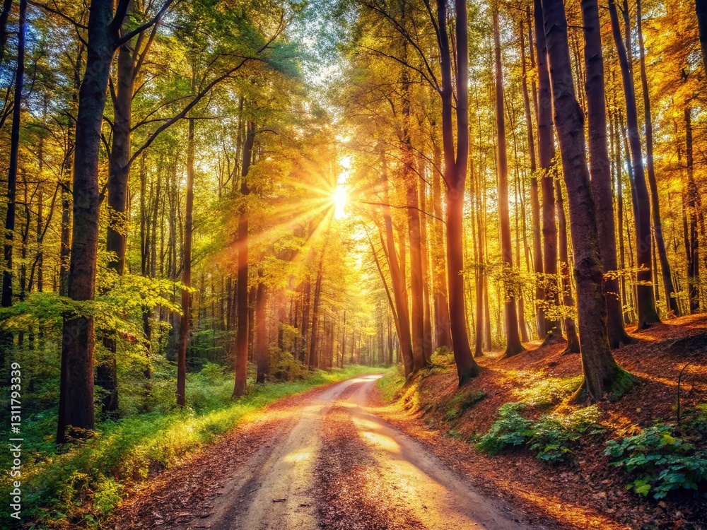 Fototapeta premium Vintage Sunny Forest Dirt Road Gimbal Motion Blur Stock Photo