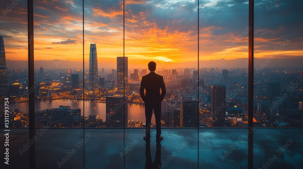 Fototapeta premium A business leader standing in front of a panoramic city view, looking at future opportunities