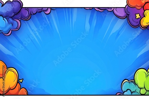 Colorful cartoon clouds frame blue burst background. Animated sky art illustration