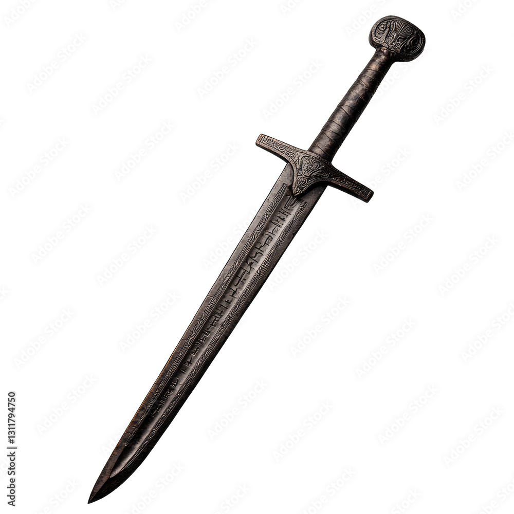 An ancient sword exhibiting intricate designs and historical significance. An ancient sword exhibiting intricate designs and historical significance.