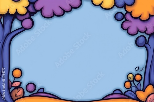 Colorful cartoon trees frame light blue space, background art, with stylized plants and soft palette