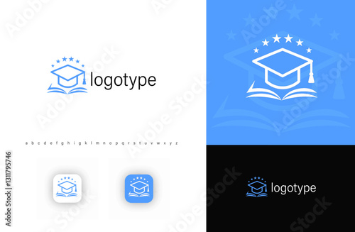 Academic logo with a graduation cap, open book, and stars, symbolizing education, success, and achievement. Ideal for schools, universities, and e-learning platforms. Vector logo