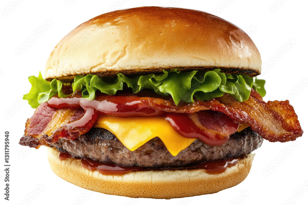Juicy bacon cheeseburger with fresh lettuce and ketchup on a toasted bun, isolated on white. PNG transparent background Juicy bacon cheeseburger with fresh lettuce and ketchup on a toasted bun, isolated on white. PNG transparent background
