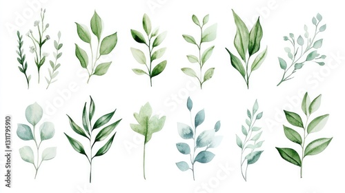 Stylish watercolor botanical collection featuring green leaves, floral accents, and organic brush strokes