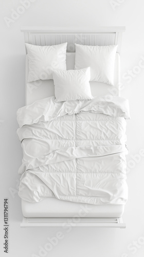 White bed with three pillows, duvet and sheet isolated. Bedding on the bed top view. White bedroom.