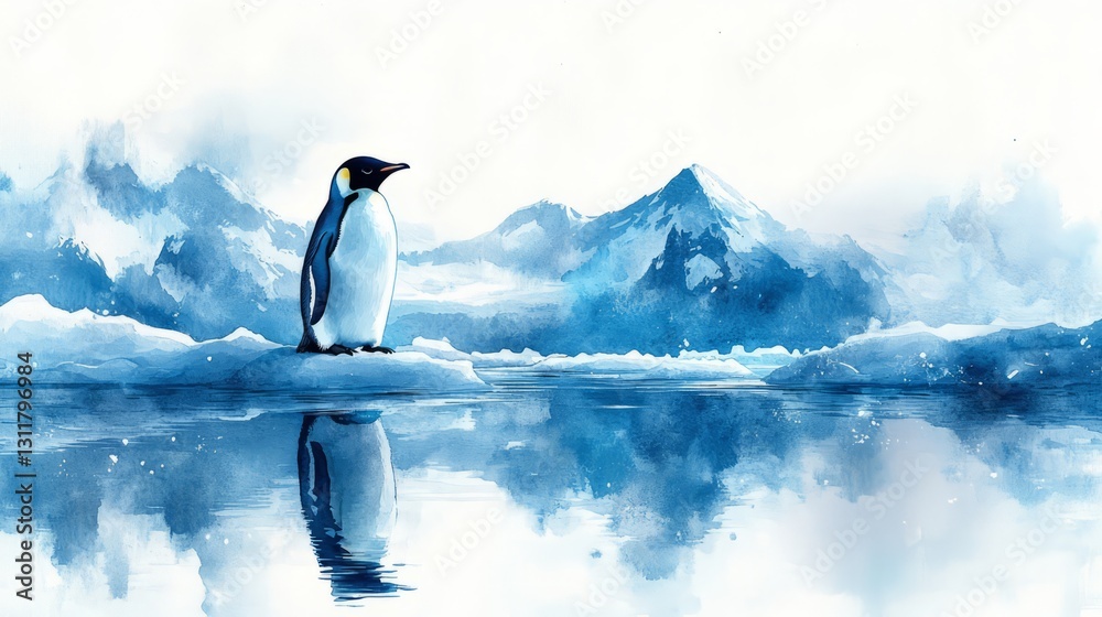 Obraz premium A charming watercolor illustration of a penguin standing on an ice floe, surrounded by a tranquil icy landscape, capturing the beauty of nature