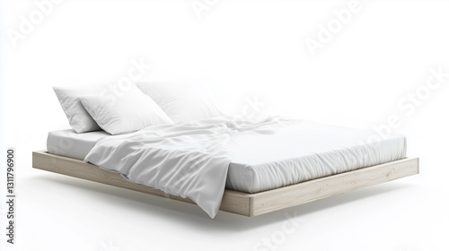 Wooden modern bed with pillows, duvet and sheet isolated. Bedding on the bed top view. White bedroom. Copy space. Minimalism.