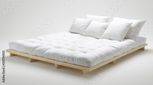 Wooden modern bed with pillows, duvet and sheet isolated. Bedding on the bed top view. White bedroom. Copy space. Minimalism.