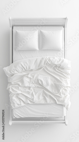 White bed with two pillows, duvet and sheet isolated. Bedding on the bed top view. White bedroom.