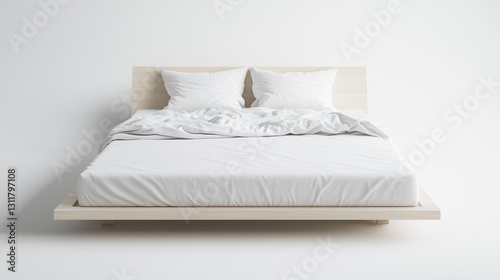 Wooden modern bed with pillows, duvet and sheet isolated. Bedding on the bed top view. White bedroom. Copy space. Minimalism.
