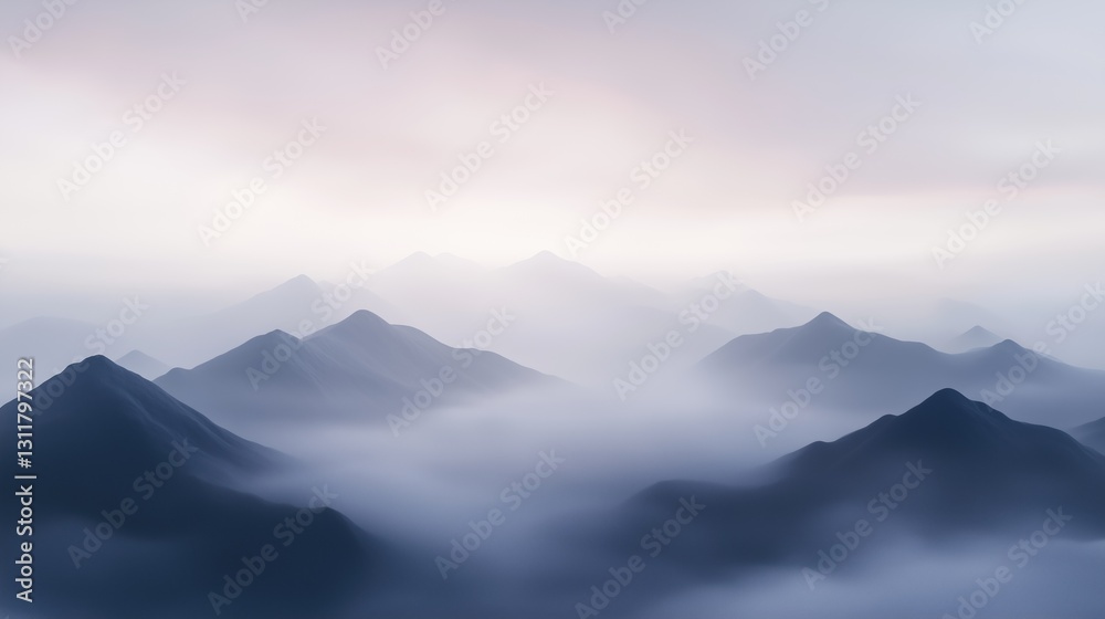 The mountains are shrouded in a thick layer of fog, creating a serene and peaceful atmosphere. The sky above is cloudy, adding to the sense of mystery and tranquility The mountains are shrouded in a thick layer of fog, creating a serene and peaceful atmosphere. The sky above is cloudy, adding to the sense of mystery and tranquility
