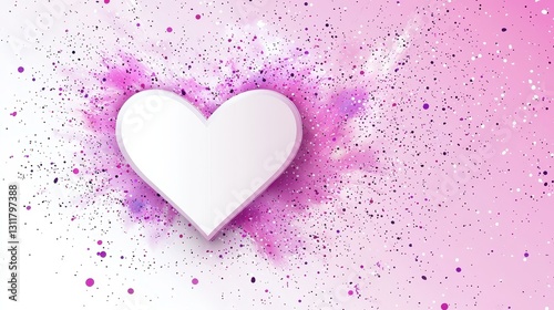 Heart graphic, pink background, confetti