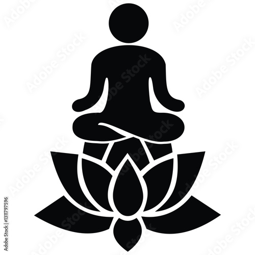 Yoga fitness icon. Meditation yoga man on lotus position silhouette vector icon. Relaxation inner peace self-knowledge inner concentration. Vector illustration. 