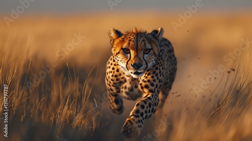 A cheetah sprinting at full speed across the open grasslands