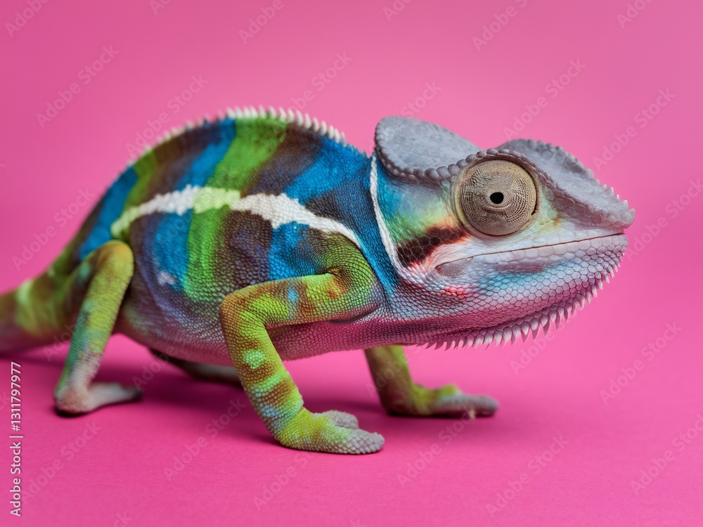 Obraz premium Colorful chameleon showcasing vibrant hues against a bright pink backdrop.