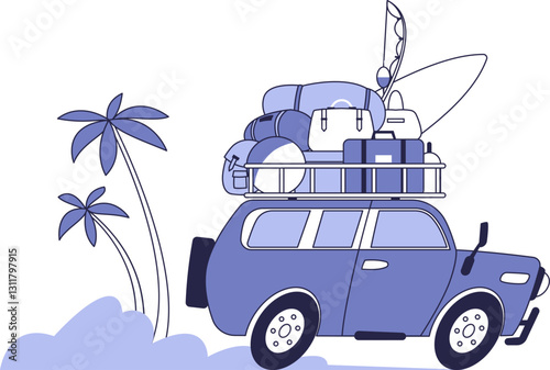 A travel car loaded with suitcases, backpacks, and vacation gear, ready for a trip. Summer road trip, family vacation, adventure on wheels.