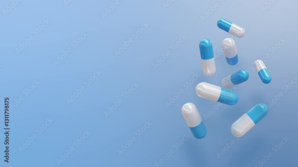 A looping animation of white and blue medical capsules slowly moving on a light blue background. A pill-themed backdrop with empty space for text.