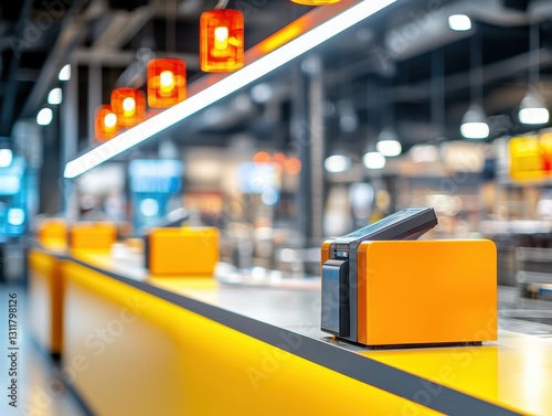 Wallpaper Mural Modern checkout counter with bright orange elements and stylish lighting fixtures. Torontodigital.ca