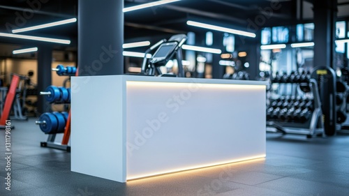 Modern gym reception area with sleek design and fitness equipment in the background.