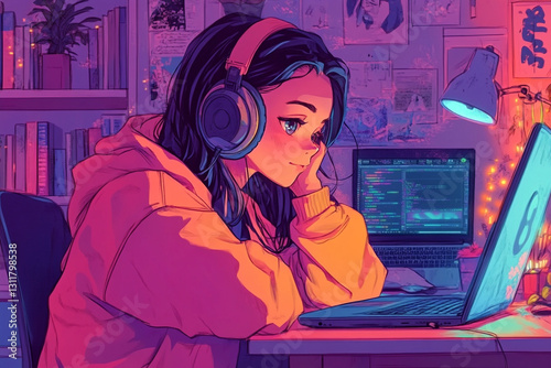 girl with headphones focused on coding at laptop in cozy room, surrounded by books and warm lighting. atmosphere is creative and inspiring
