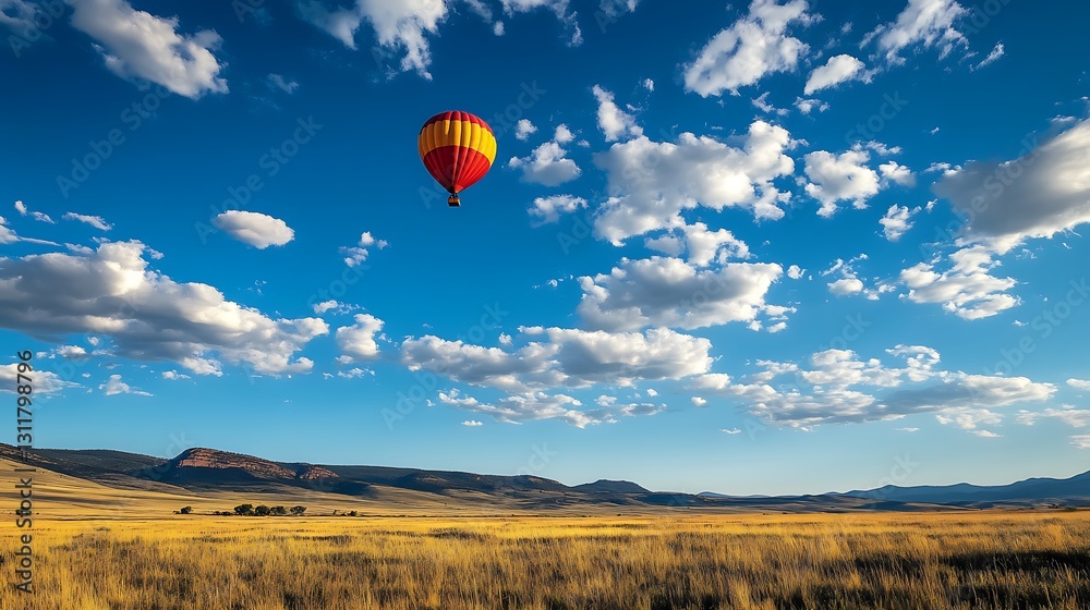 Obraz premium Hot air balloon soaring over vast golden field under a vibrant blue sky with fluffy clouds.
