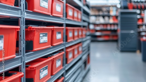 Red storage bins neatly organized on shelves in a warehouse or workshop setting.