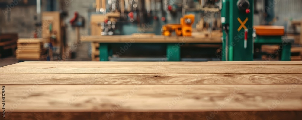 Wooden workbench in a workshop, showcasing tools and equipment in the background. Wooden workbench in a workshop, showcasing tools and equipment in the background.