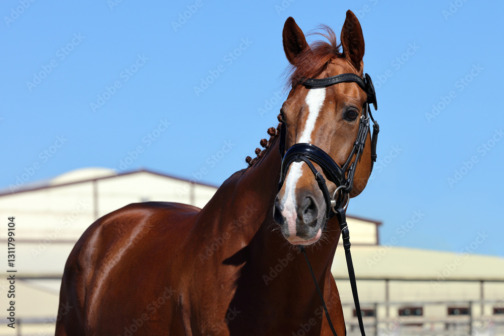 Beautiful portrait of a thoroughbred dressage horse, sky background