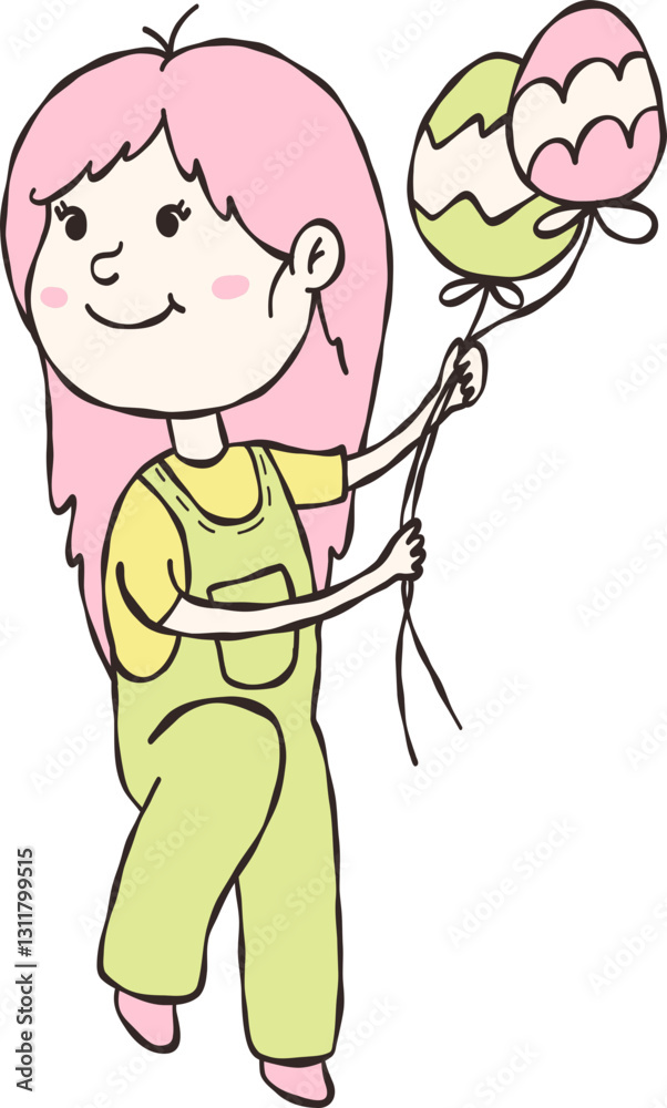 Doodle Outline of Cute Girl Flying with Balloons Doodle Outline of Cute Girl Flying with Balloons