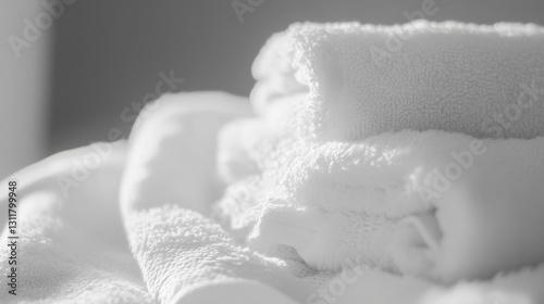 Soft white towels neatly stacked on a surface, creating a serene and clean ambiance