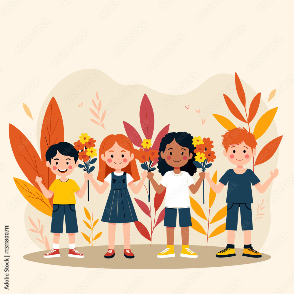 Flat design illustration of students with a school bag and flowers, education celebration Flat design illustration of students with a school bag and flowers, education celebration
