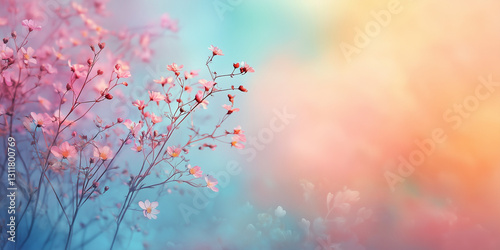 Beautiful dreamy flowers in the meadow, with a colorful background. The blurred background creates a dreamy effect for cosmetics, spa, perfume, beauty salon, florist shop, invitation, gift card