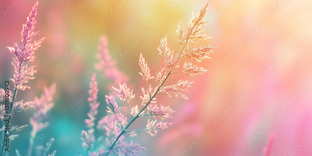 Fototapeta premium Beautiful vibrant pastel background with colorful grass, close up. Pastel background, ample copy space for text, for cosmetics, spa, perfume, beauty salon, florist shop.