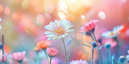Colorful spring flowers in the sunlight. Beautiful nature background for cosmetics, spa, perfume, beauty salon, florist shop, invitation, gift card.