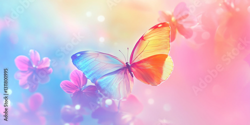 Beautiful vibrant background with colorful  butterflies flying in the air, featuring pastel colors of pink and blue, with purple tones.

