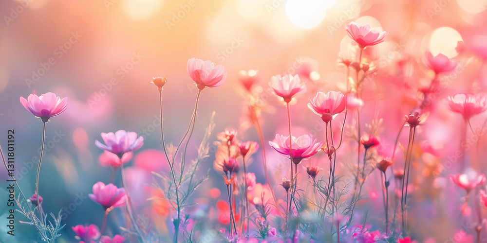 Obraz premium Beautiful dreamy flowers in the meadow, with a colorful background. The blurred background creates a dreamy effect for cosmetics, spa, perfume, beauty salon, florist shop, invitation, gift card