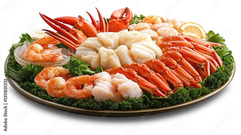 A fresh seafood platter featuring crab claws, lobster tails, and shrimp cocktail. A fresh seafood platter featuring crab claws, lobster tails, and shrimp cocktail.