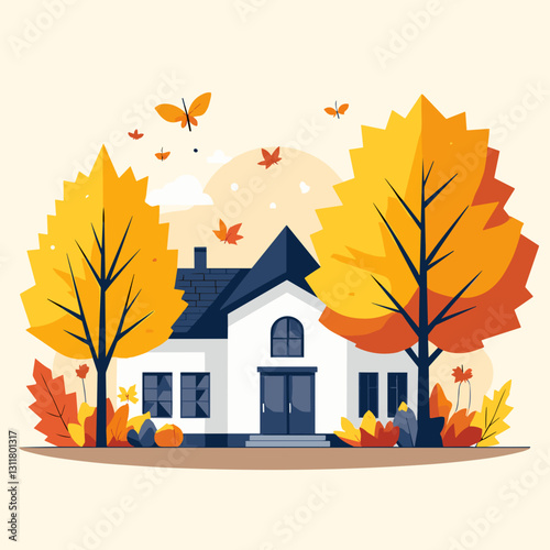 Flat design illustration of a house surrounded by autumn leaves, seasonal school theme